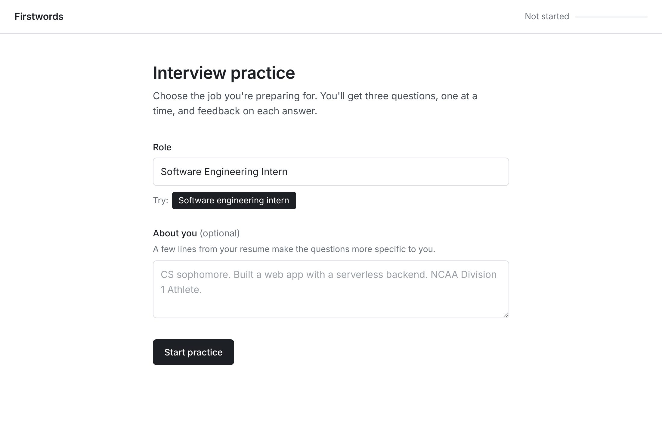 Firstwords setup screen with a role field and a Start practice button